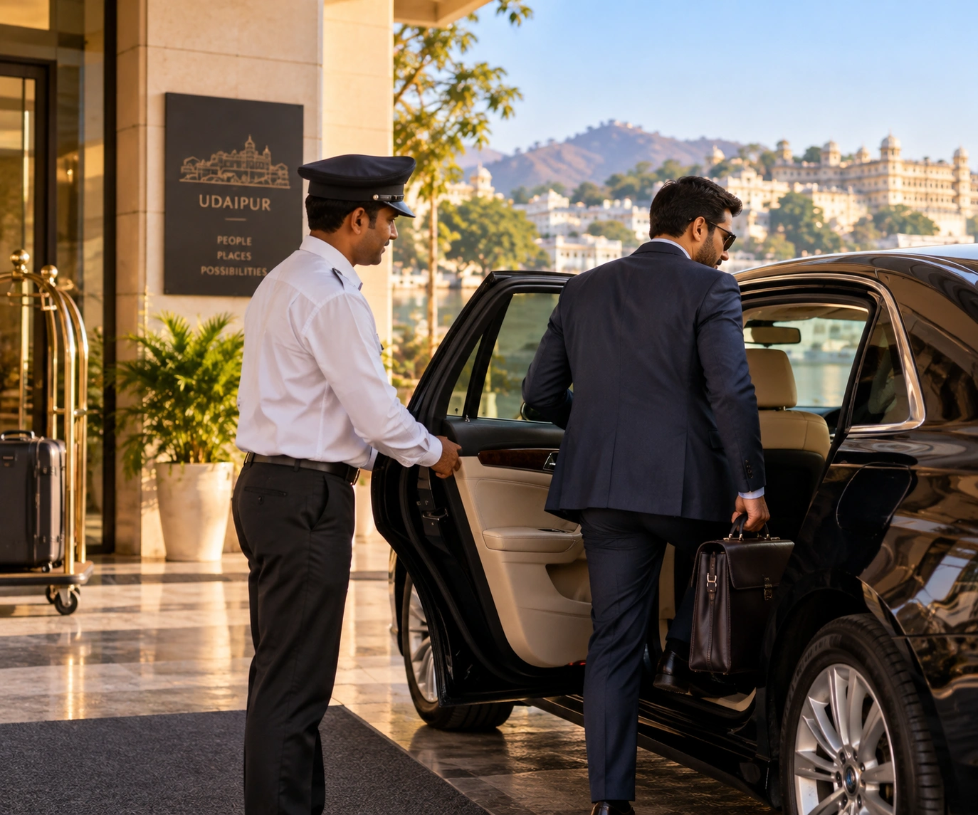 Business traveller stepping into a car