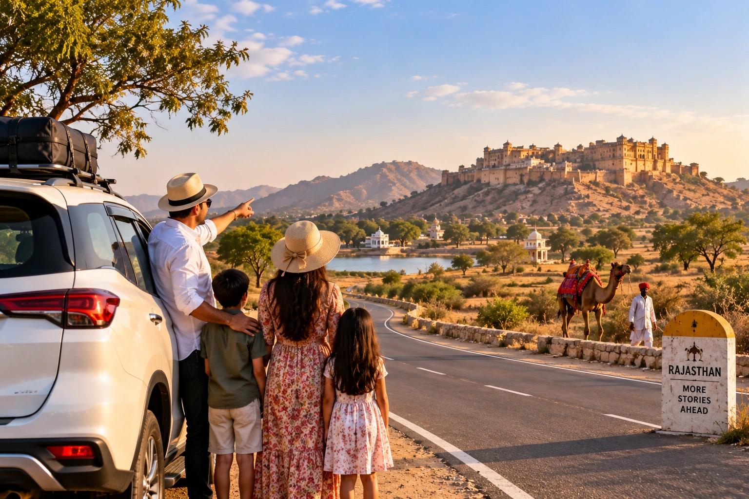 Family road trip through the Rajasthan countryside