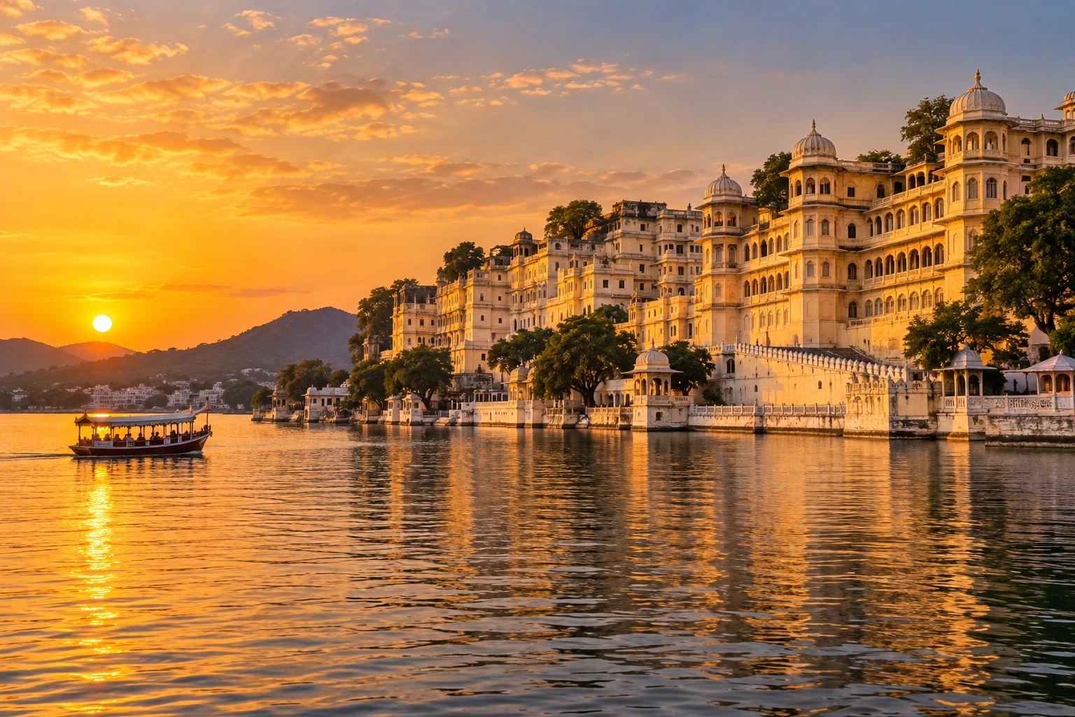 Udaipur City Palace on the banks of Lake Pichola at golden hour